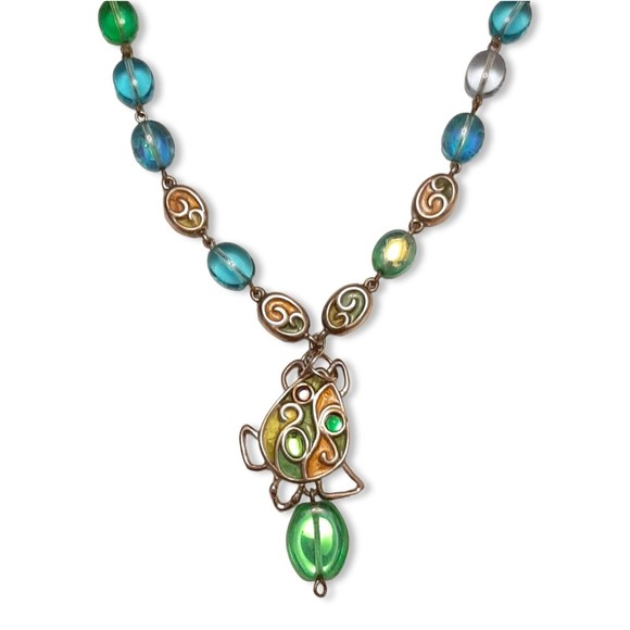 Vintage Givenchy Blue Green Long Beads Necklace & Turtle Pendant SIGNED Logo